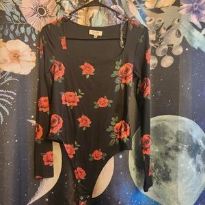 SHEIN Black and Red Rose Bodysuit